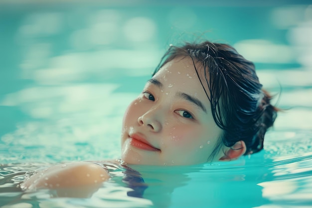 アジア人女性が屋内プールで泳いでいる近距離写真Generate ai