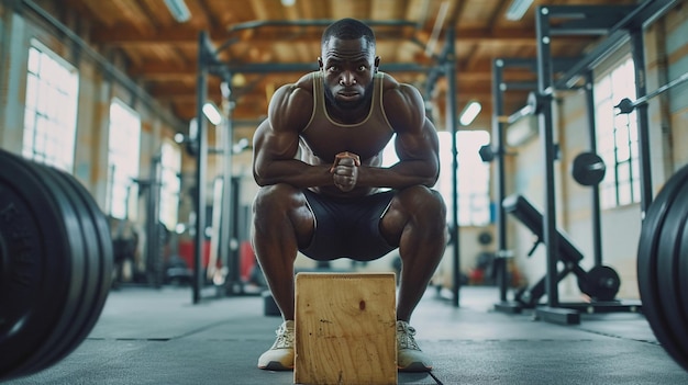 A determined athlete doing box squats with proper form