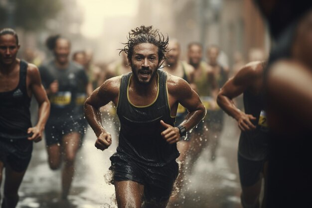 Photo determined athletes competing in a marathon generative ai