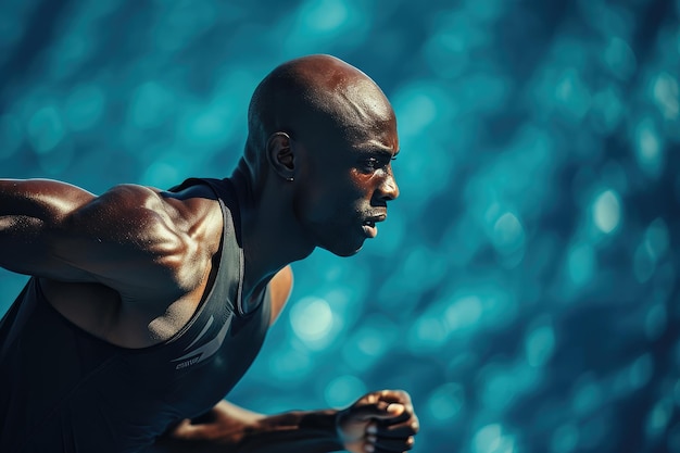 Photo determined bald runner sprinting on athletics field