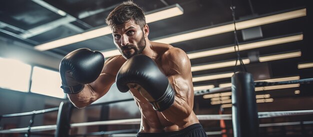 Photo determined boxer training hard in modern gym