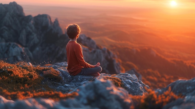 A determined boy performing yoga poses on a mountain peak