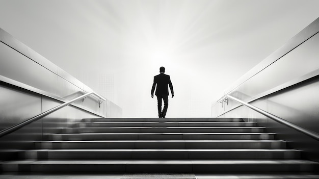 determined businessman impeccably dressed ascending a set of stairs with purpose and confidence