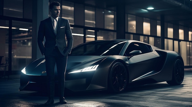 A determined businessman standing in front of a sleek electric supercar Generative AI