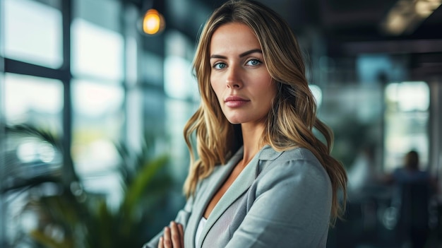 A determined businesswoman poised in an office setting exuding professionalism and ambition through her focused expression AI generated illustration