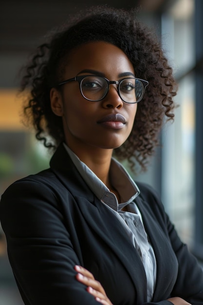 A determined businesswoman poised in an office setting exuding professionalism and ambition through her focused expression AI generated illustration