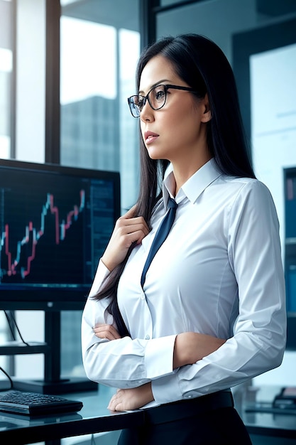 A determined businesswoman stands in her office surrounded Aigenerated