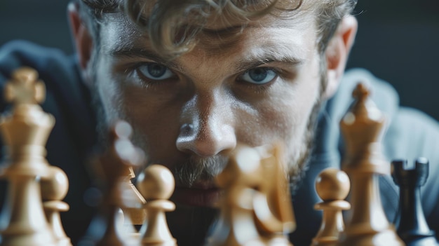 Photo a determined chess player eyes locked on the board