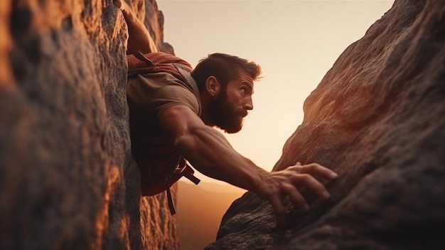 写真 決意 し た 登山 者 は 夕暮れ の 時,山脈 の 広大 な 景色 に 向かっ て 険しい 崖 に 登っ て い ます