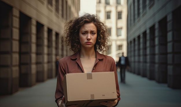 Foto una donna di consegna determinata in abiti casuali tiene una scatola di cartone navigando in un ambiente urbano affollato