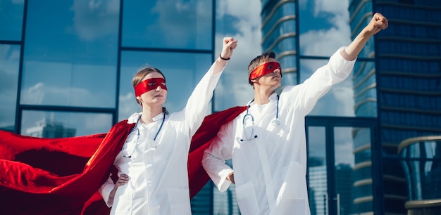 Determined doctors super heroes are ready to work.