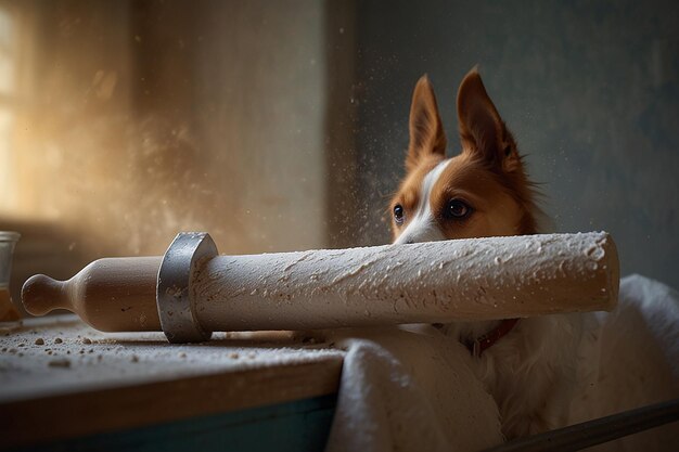 Photo determined dog baker floury rolling pin mastery