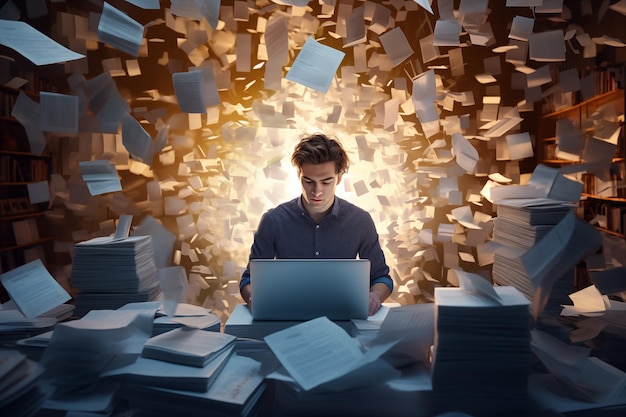 Photo determined entrepreneur surrounded by stacks of paperwork generative ai