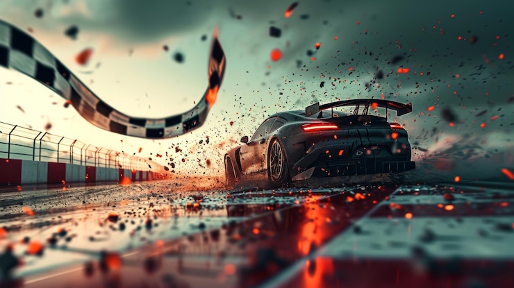 Photo the determined expression of a racer as they break through the checkered flag marking the end of an