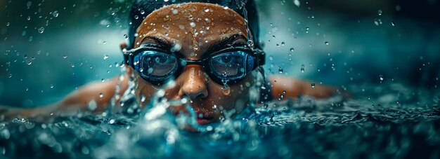 Foto triatleta determinata che nuota sotto la pioggia