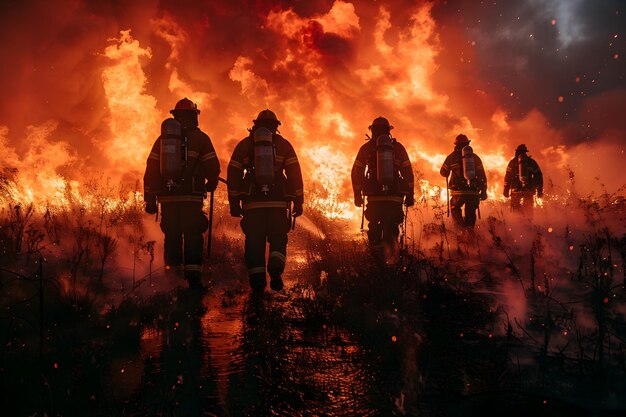 Photo determined firefighters battling intense wildfire at night