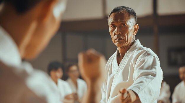 A determined karate master in a white kimono faces off against an opponent during a intense training session