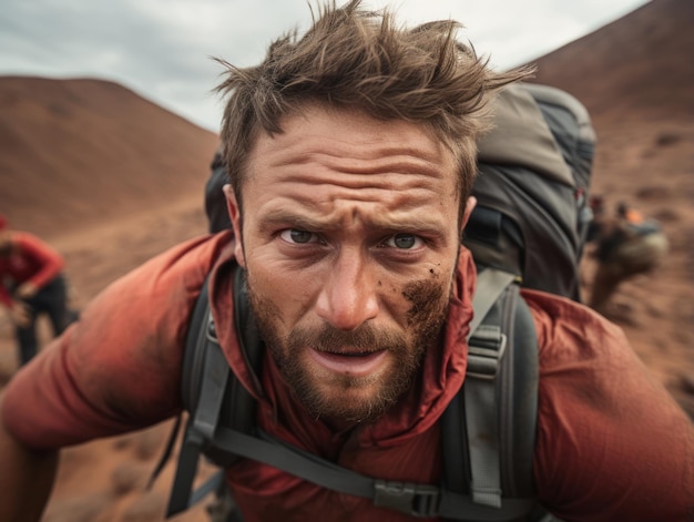 Foto l'uomo determinato si arrampica su un ripido sentiero di montagna