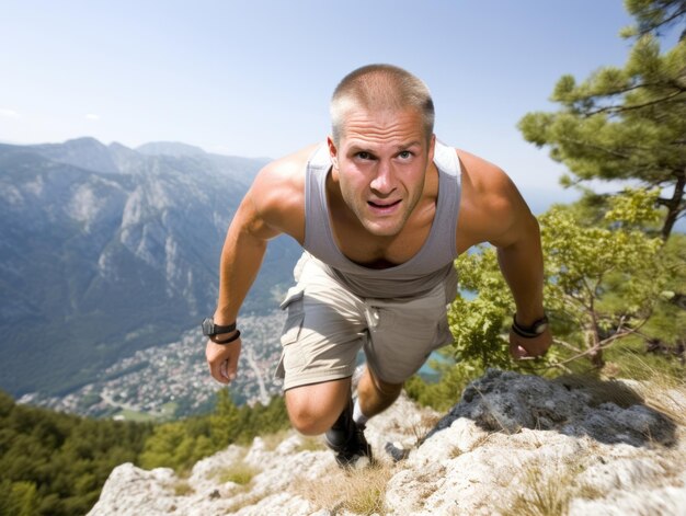 Foto l'uomo determinato si arrampica su un ripido sentiero di montagna