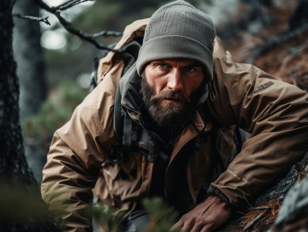 Determined man climbs a steep mountain trail