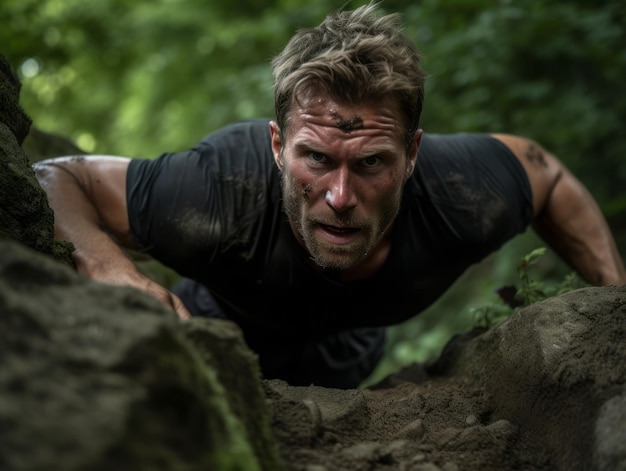 Determined man climbs a steep mountain trail