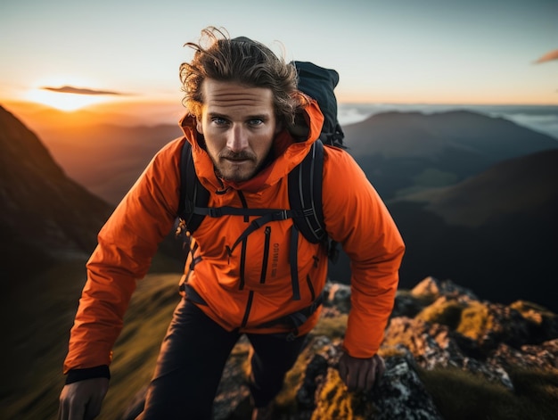 Photo determined man climbs a steep mountain trail