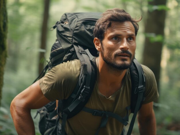 Photo determined man climbs a steep mountain trail