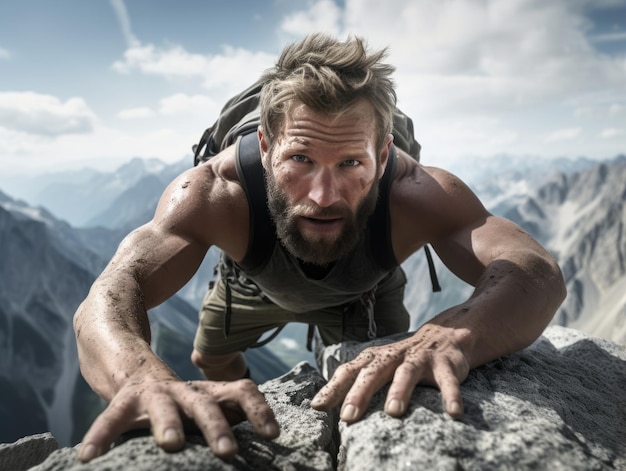 Determined man climbs a steep mountain trail