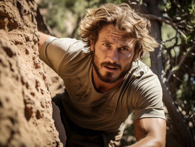 Photo determined man climbs a steep mountain trail