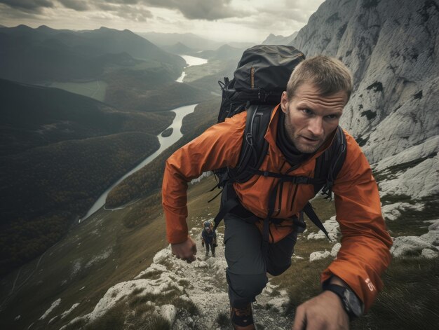 Foto l'uomo determinato si arrampica su un ripido sentiero di montagna