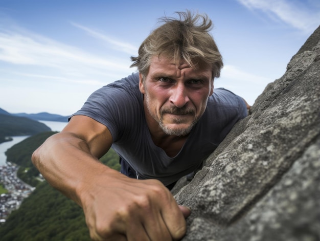 Photo determined man climbs a steep mountain trail