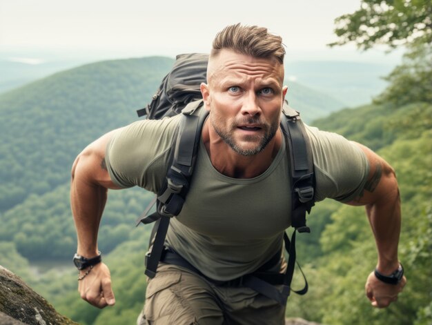 Determined man climbs a steep mountain trail