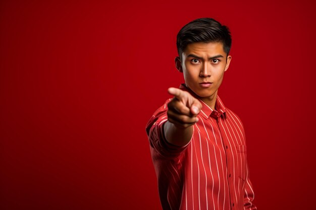 Photo determined man in pinstripe shirt pointing forward against red