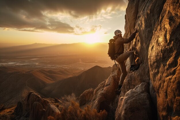 A determined man scaling a rocky mountain peak showing courage and strength to reach the summit of his outdoor adventure AI Generative