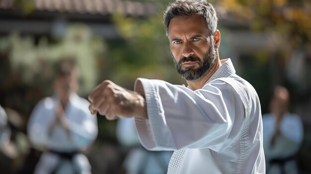 Foto un uomo determinato con un gi bianco di karate pratica i suoi pugni ha un'espressione seria sul viso ed è concentrato sul suo allenamento