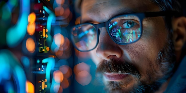 Решительный программист с очками, ориентирующийся по сложным сетям программного обеспечения Концепция программного обеспечения Инженерный анализ данных Техника программирования Технологическая индустрия Сетевые решения