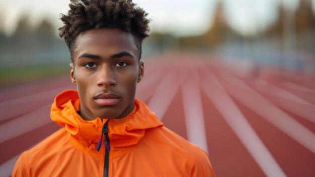 Photo determined runner preparing for a sprint on an outdoor track generative ai