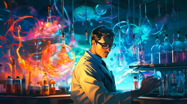 a determined scientist in a bright laboratory carefully examining test tubes filled