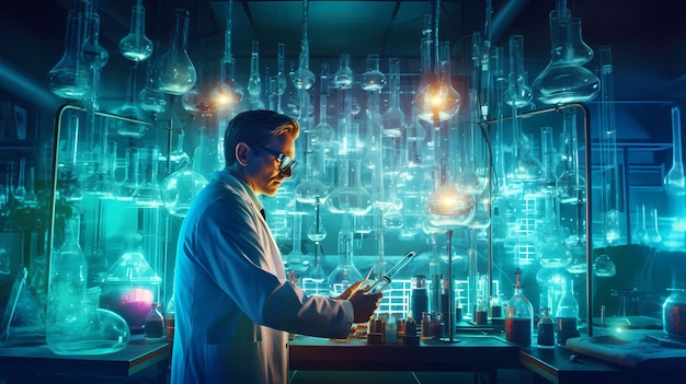 Determined scientist conducting experiments in a futuristic laboratory surrounded by cuttingedge technology Generative ai