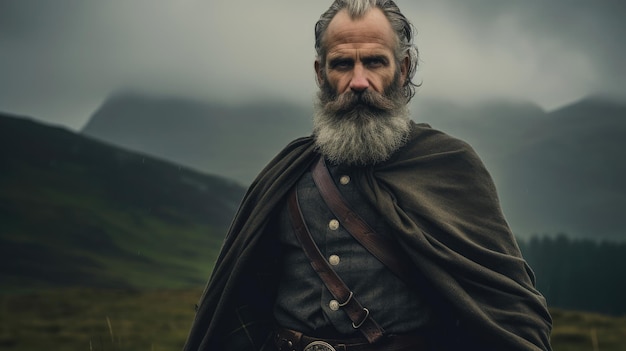 Determined Scottish man in clan kilt on misty moors