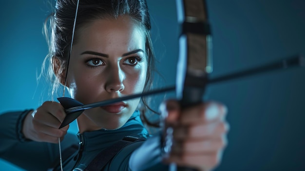 Photo a determined and skilled competitive archer in her late 20s ready to show off her precision dressed in a formfitting archery uniform she exudes confidence and focus as she holds her bow