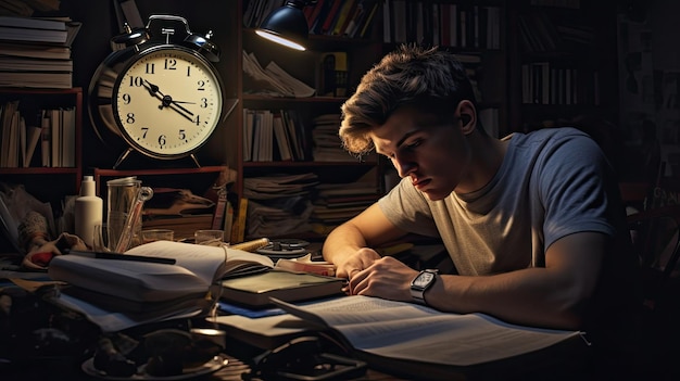 Photo determined student as they invest late hours into thorough preparation their dedication to mastering their subject shining through in their latenight efforts generated by ai