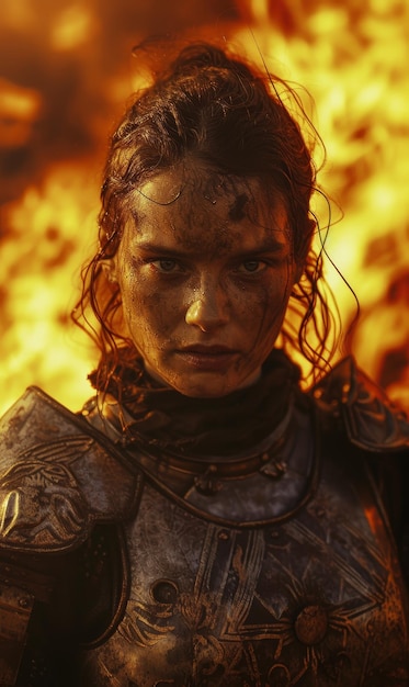 Determined warrior woman standing before a fiery background