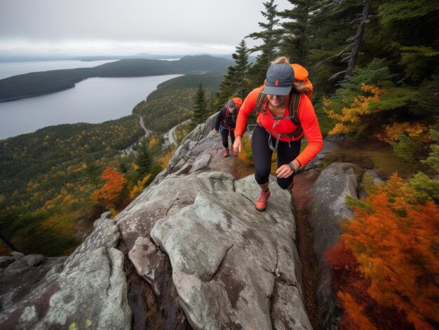 Determined woman climbs a steep mountain trail