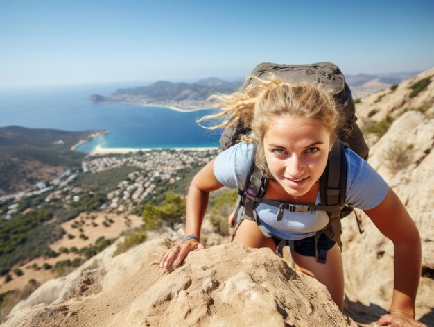 Determined woman climbs a steep mountain trail