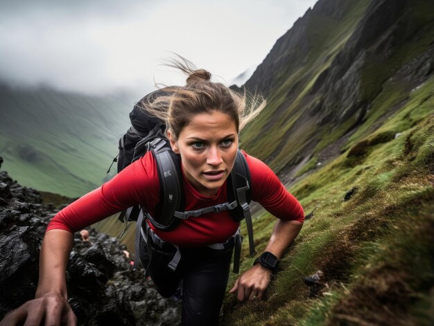 Photo determined woman climbs a steep mountain trail