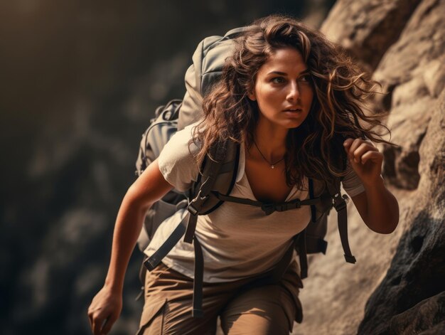 Photo determined woman climbs a steep mountain trail