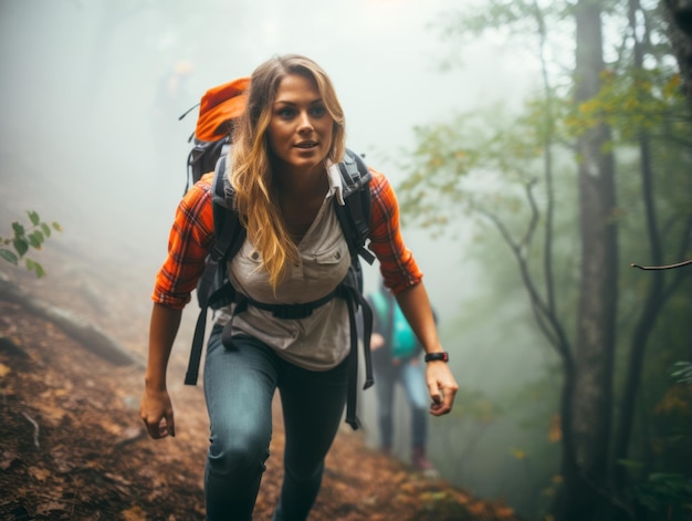 Photo determined woman climbs a steep mountain trail