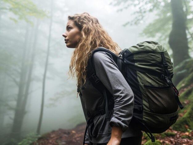 Photo determined woman climbs a steep mountain trail