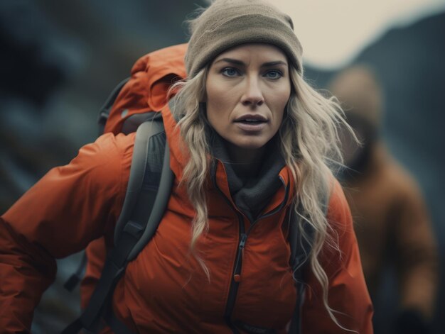 Determined woman climbs a steep mountain trail